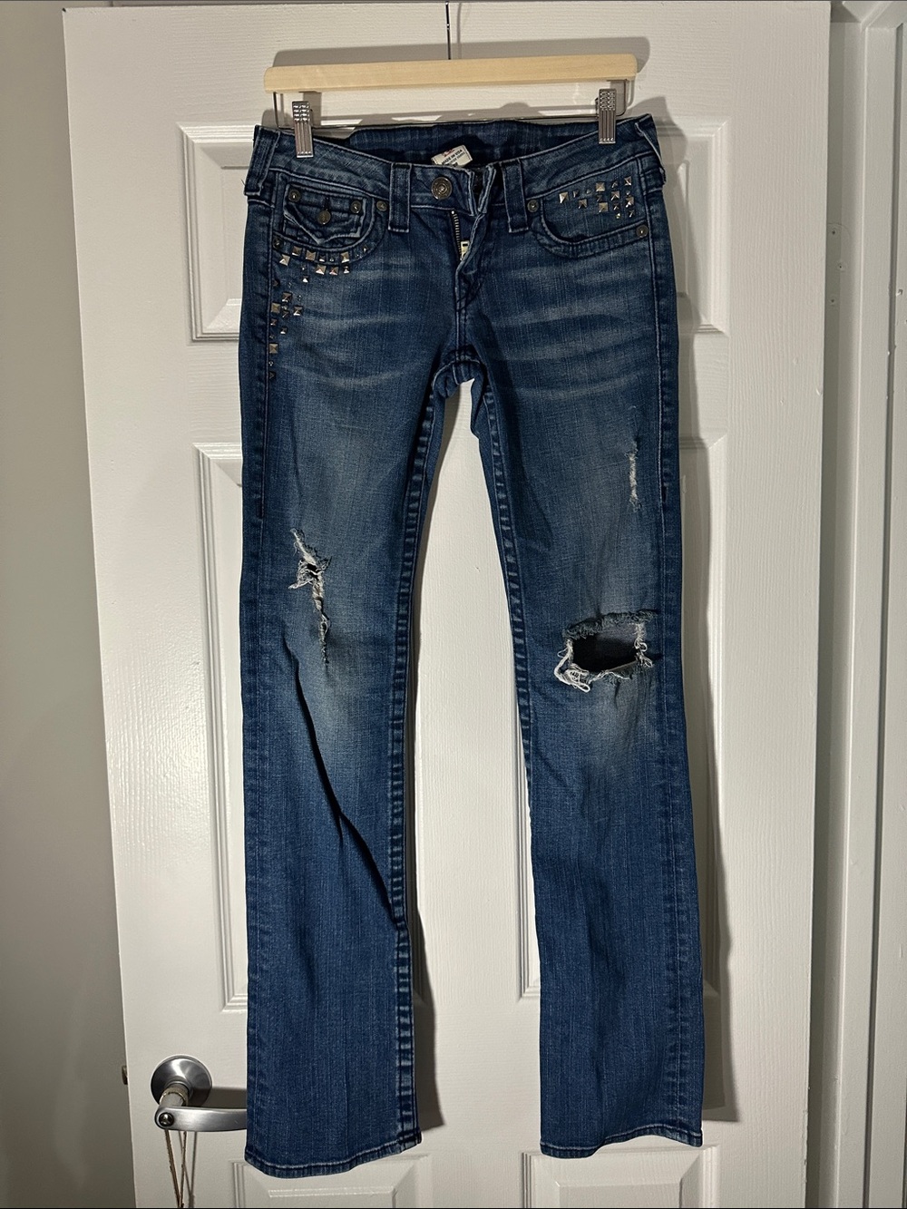 True Religion Dark Blue Straight Leg Jeans with Stud Accents